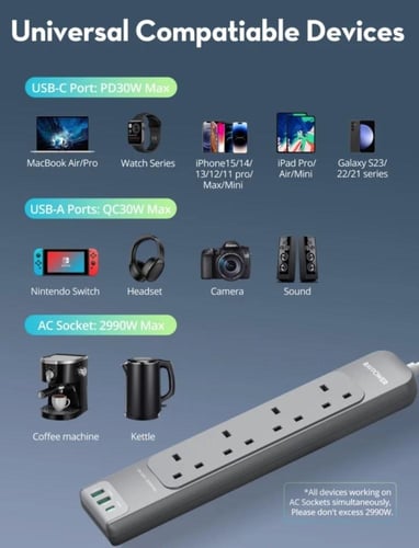 راف باور - توصيلة كهربائية 7في1 4 مقابس بطول 3 م