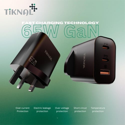 شاحن سريع TiKNAL GaN بقوة 65 واط - منفذين USB-C PD...
