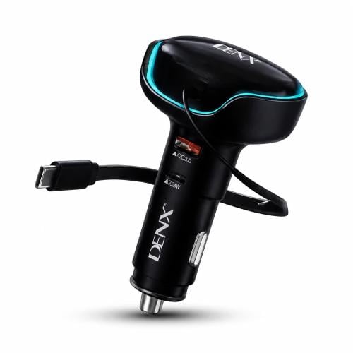 شاحن سيارة سريع بكيبل Type-C مدمج ومنفذي USB وType...
