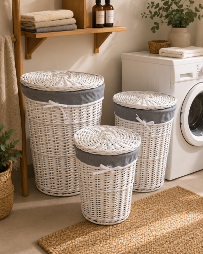 White straw laundry baskets set padded fabric 3 pi...