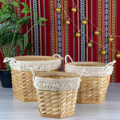 سبت قشر خشب سداسي 3 قطع يد حبل