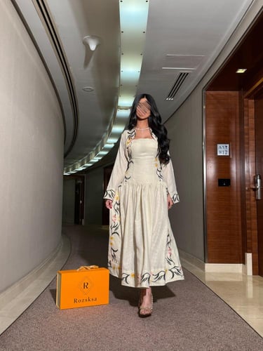 فستان كتان مزخرف قطعتين