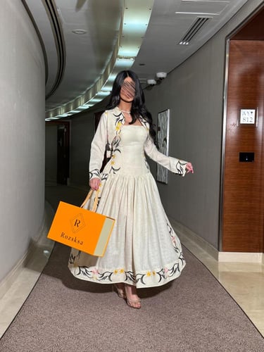 فستان كتان مزخرف قطعتين