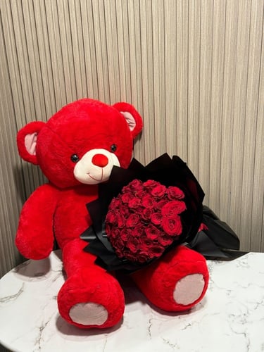 باقة حب + دبدوب احمر