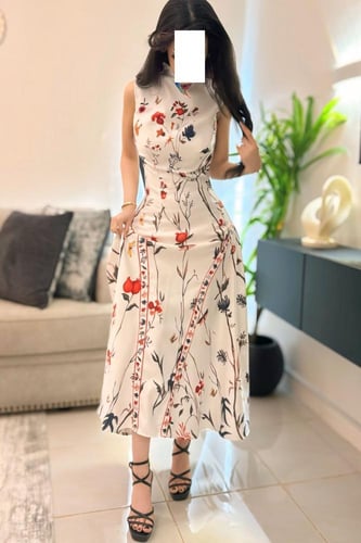 فستان ناعم باكمام كت ابيض مزخرف