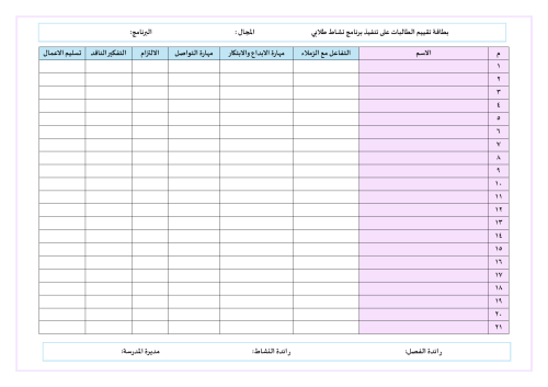 استمارة تقييم الطالبات بالنشاط المدرسي