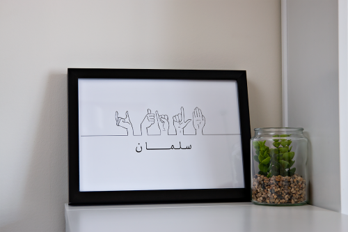 لوحة اسمك بلغة الاشارة باللون الاسود