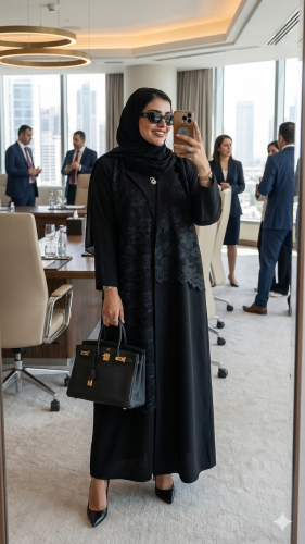 عباية بالطو سوداء مزينه بالدانتيل الأسود من الأمام...