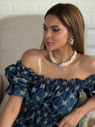 فستان تركواز تفته عالية الجودة مطرز بخيوط القصب ال...