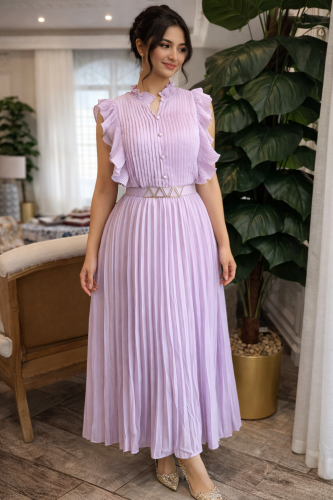 فستان العيد موف قاتح بدون أكمام بليسيه مكسر مع حزا...