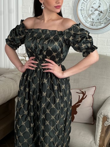 فستان زيتي طويل تفته عالية الجودة مطرز بخيوط القصب...