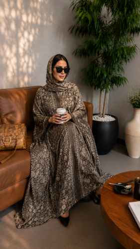 عباية مشجرة رصاصي وابيض ناعمه ورقيقه جداً معاها طر...