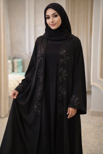 عباية سوداء مزينه بالورود وفيها قطعه داخليه مثل ال...