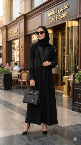 عباية سوداء انيييقه مزينه بالدانتيل من جهة الصدر
