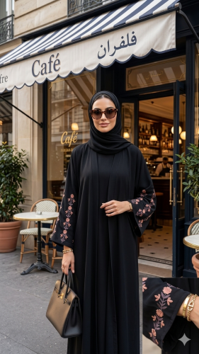 عباية سوداء انيقه بتطريز وردي بالأكمام
