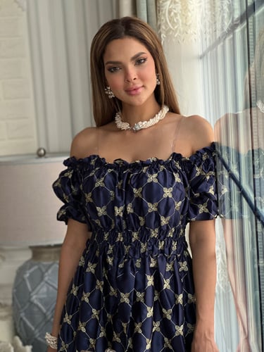 فستان كحلي تفته عالية الجودة مطرز بخيوط القصب الذه...