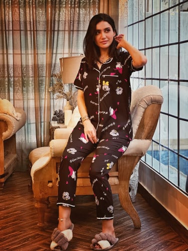 بجامة صيفي اسود برسمة دونالد داك وميكي وميني قطن ب...