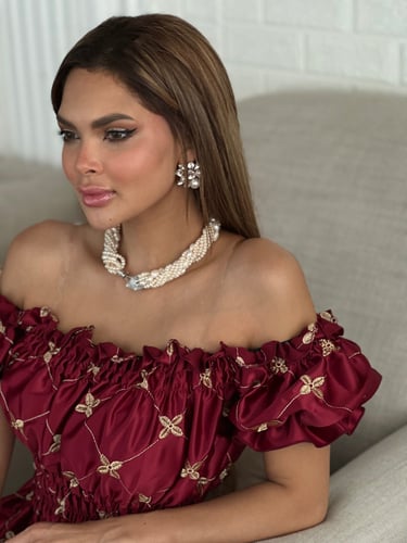 فستان عودي تفته عالية الجودة مطرز بخيوط القصب الذه...