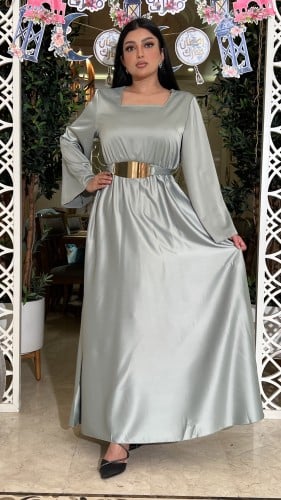 فستان العيد حرير سماوي بحزام