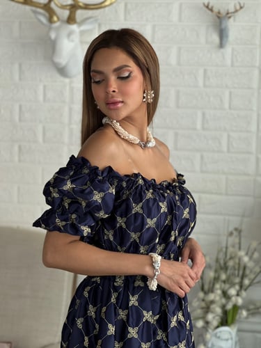 فستان كحلي تفته عالية الجودة مطرز بخيوط القصب الذه...