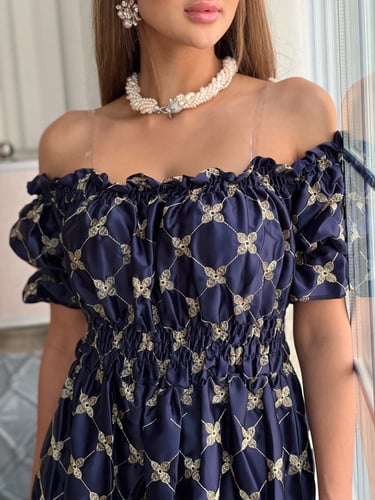 فستان كحلي تفته عالية الجودة مطرز بخيوط القصب الذه...