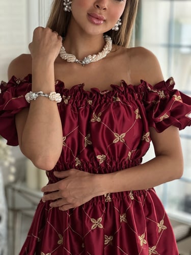 فستان عودي تفته عالية الجودة مطرز بخيوط القصب الذه...