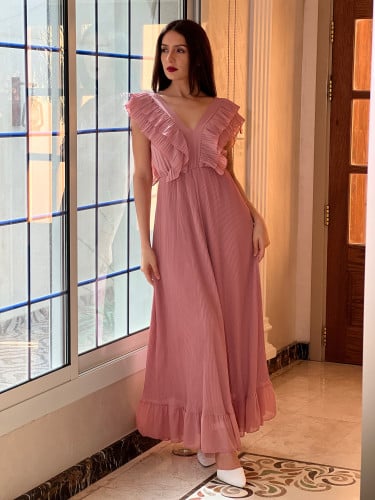 فستان وردي بليسيه طويل بكشكشة من الصدر والظهر رقم...