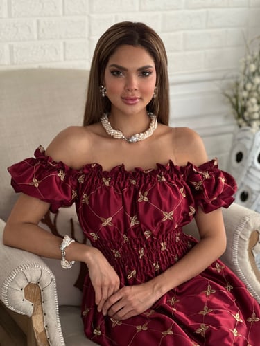 فستان عودي تفته عالية الجودة مطرز بخيوط القصب الذه...