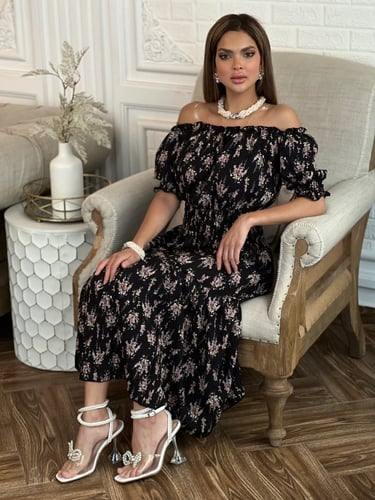 فستان أسود مشجر كريب خفيف وبارد اوف شولدر رقم 29