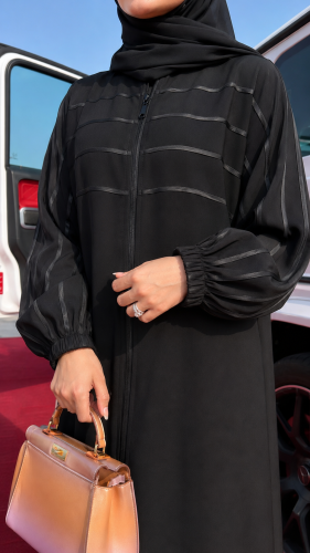 عباية سوداء ساده بسحاب وجيوب واكمام مطاط مع طرحة سوداء ساده