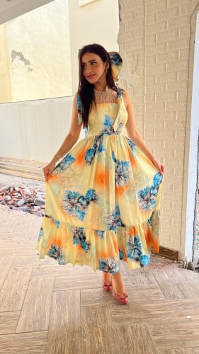 فستان مشجر ومورد فري سايز مطاط بالظهر