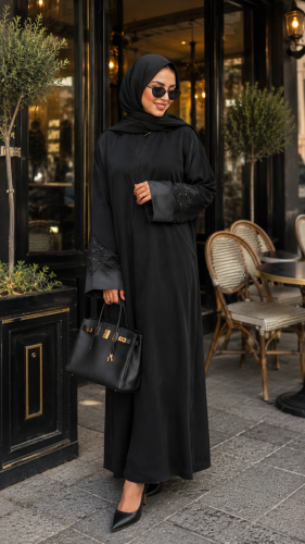 عباية كريب سوداء ساده بتطريز في الكم مع طرحه