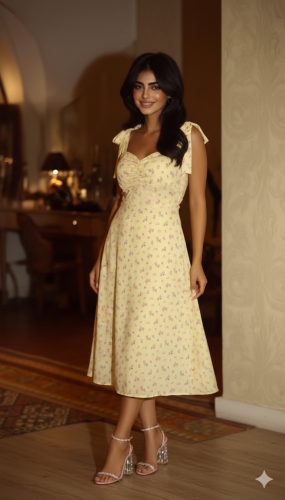 فستان العيد اصفر مورد زاهي وخفيف بدون اكمام ربطة ع...