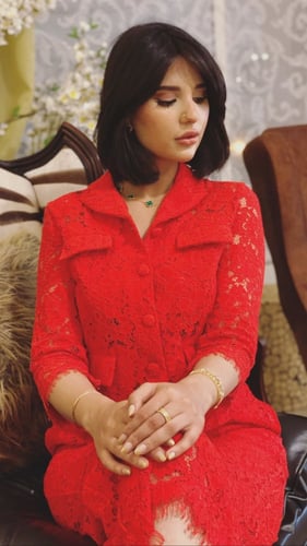 طقم دانتيل أحمر بنطلون وجاكيت