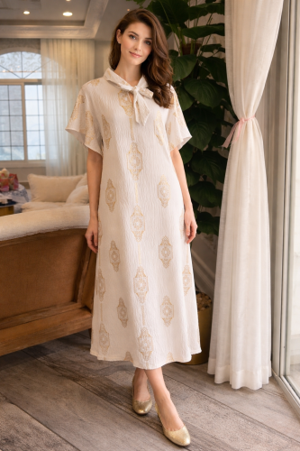 دراعه رمضانية بيج حرير مغسول مكرمش مطرزة بخيوط الق...