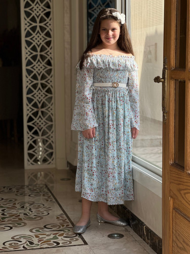 فستان بناتي ازرق مشجر كتف نازل بحزام رقم 5