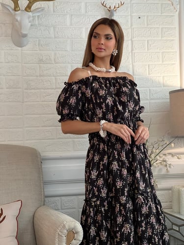 فستان أسود مشجر كريب خفيف وبارد اوف شولدر رقم 29