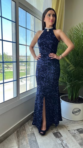 فستان سهره ترتر كحلي سكيني مفتوح من الامام ومن الظ...