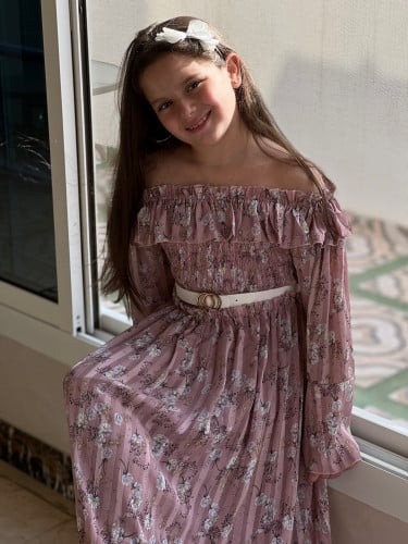 فستان بناتي موف مشجر كتف نازل بحزام رقم 6