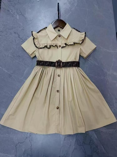 فستان بناتي فخم ورزه [ اللون طحيني مع بني]