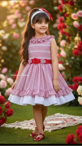 فستان احمر مخطط أنيق مع اكسسوار شعر