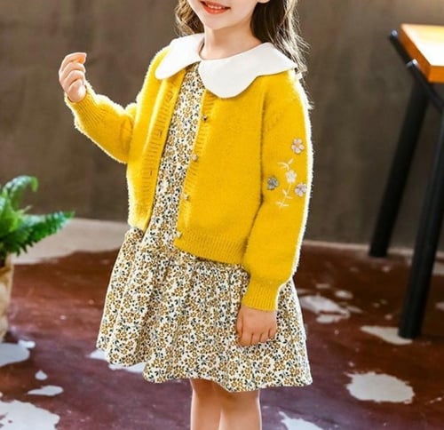 فستان شتوي أنيق مبطن بالفرو ( اللون : اصفر)