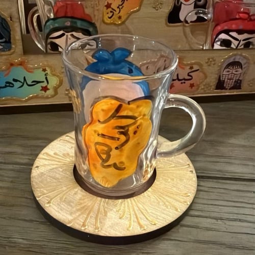 طقم شاي خشبي رسم يدوي ل ل6 استكانات شاي مع كوستر و...
