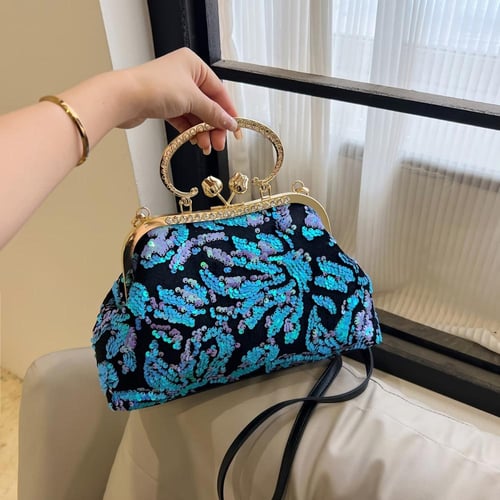 حقيبة يد ، بتصميم جسم مرصع بالترتر، ريترو وأنيق، م...