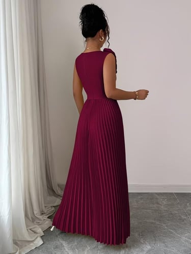 فستان أنيق بدون أكمام بلون أحمر عنابي بياقة على شك...