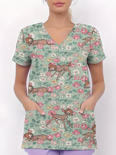 تيشيرت سكراب بياقة على شكل حرف V وأكمام قصيرة مع ج...