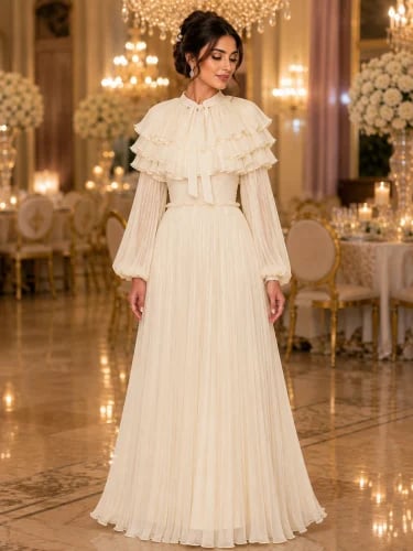 فستان أوف وايت بليسيه بكاب كشكش (Off-White Pleated Chiffon Dress)