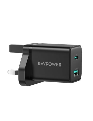 RAVPOWER - شاحن جداري اسود 20W منفذين USB + PD م/P...