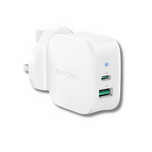 RAVPOWER - شاحن جداري ابيض منفذين USB+ PD ا 30W م/...