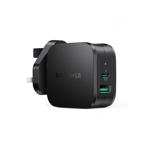 RAVPOWER - شاحن جداري اسود30W منفذين PD + USB أسود...